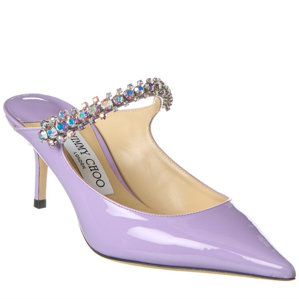 Jimmy Choo Bing 65 Patent Leather Mules with Crystal Strap